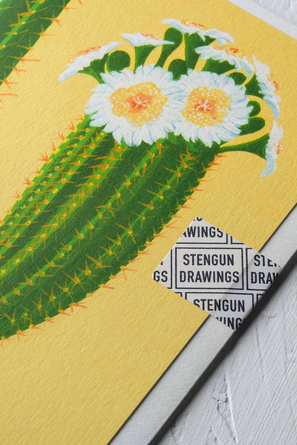 Cactus on Yellow card by Stengun Drawings close up of the right corner showing the closure.