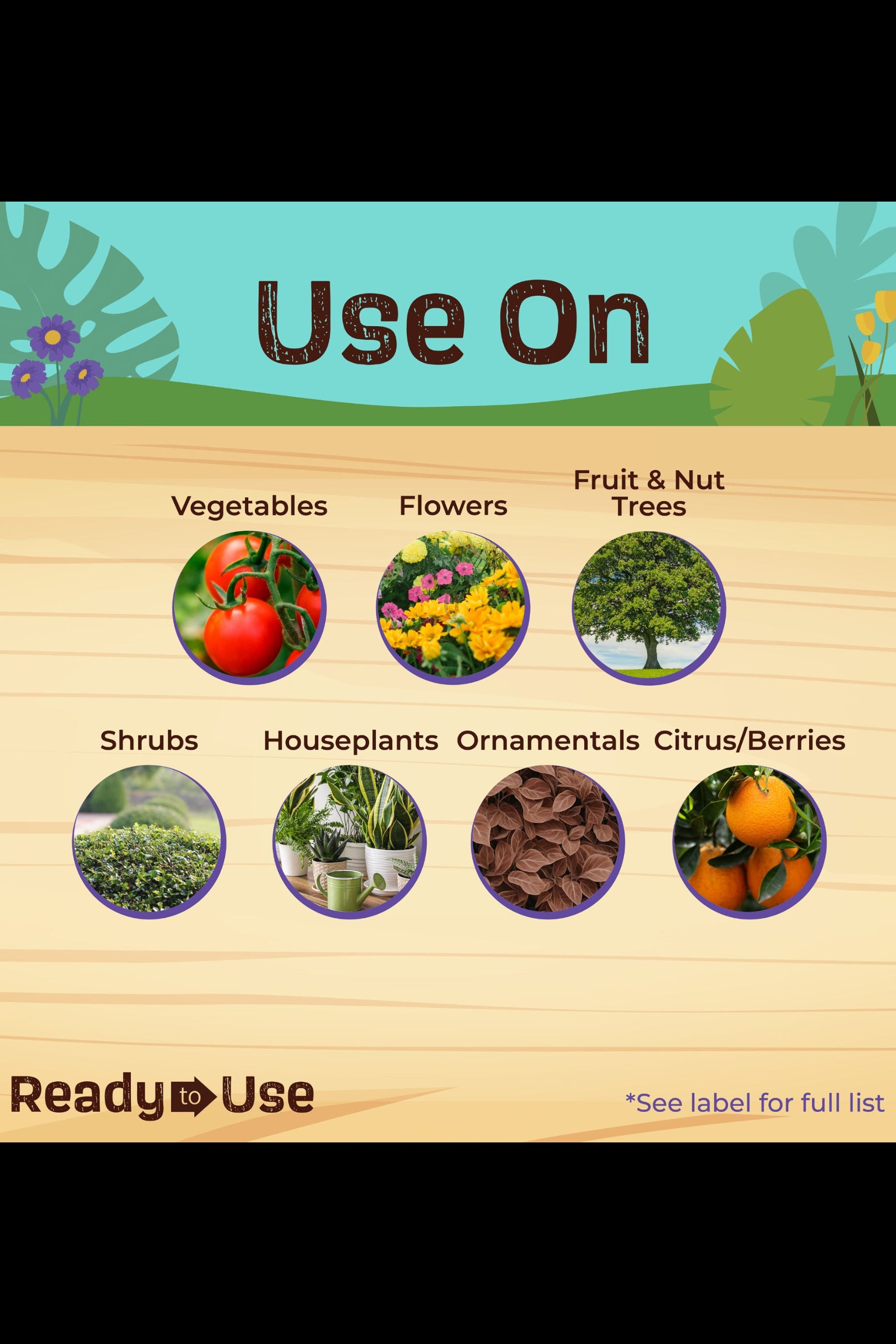 Product usage guide for gardening on a wooden surface with illustrations of various plants and fruits. ©Bonide