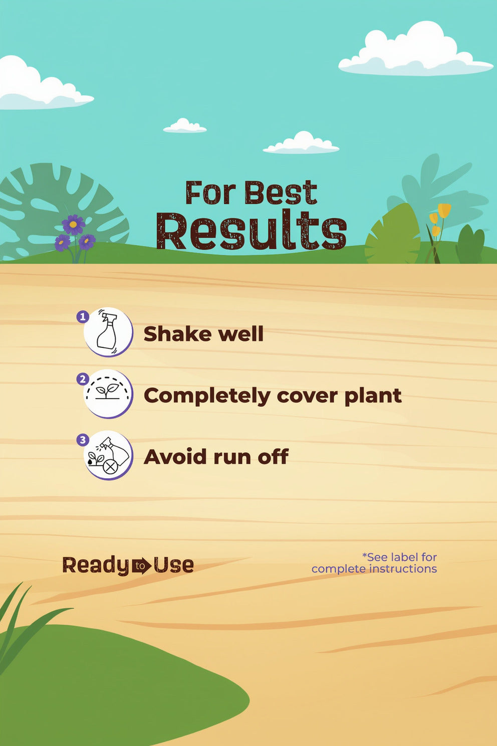Instructions for using a plant care product with illustrations and text on a wooden surface. ©Bonide