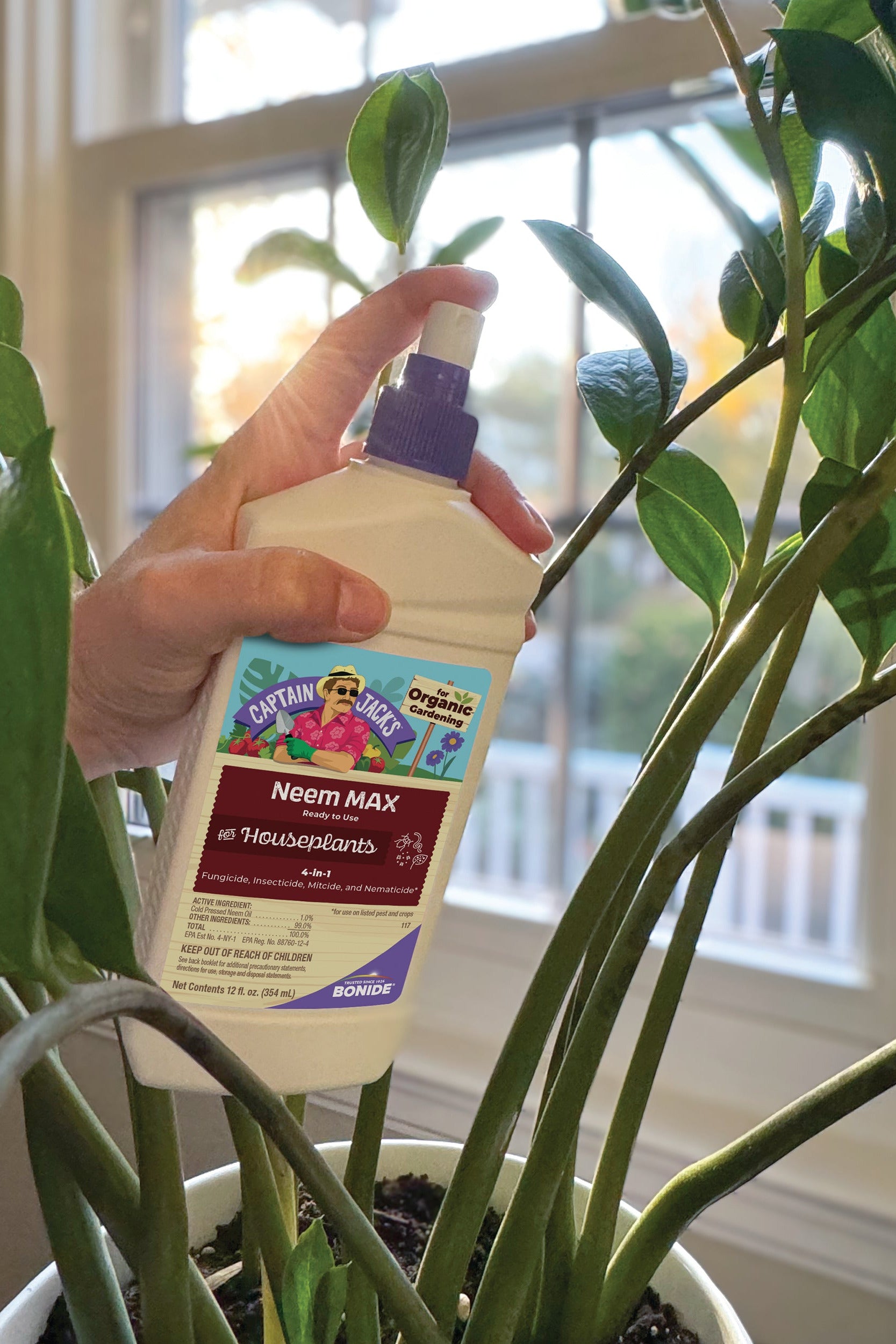 Person holding a bottle of Neem Max spray over a potted plant indoors. ©Bonide