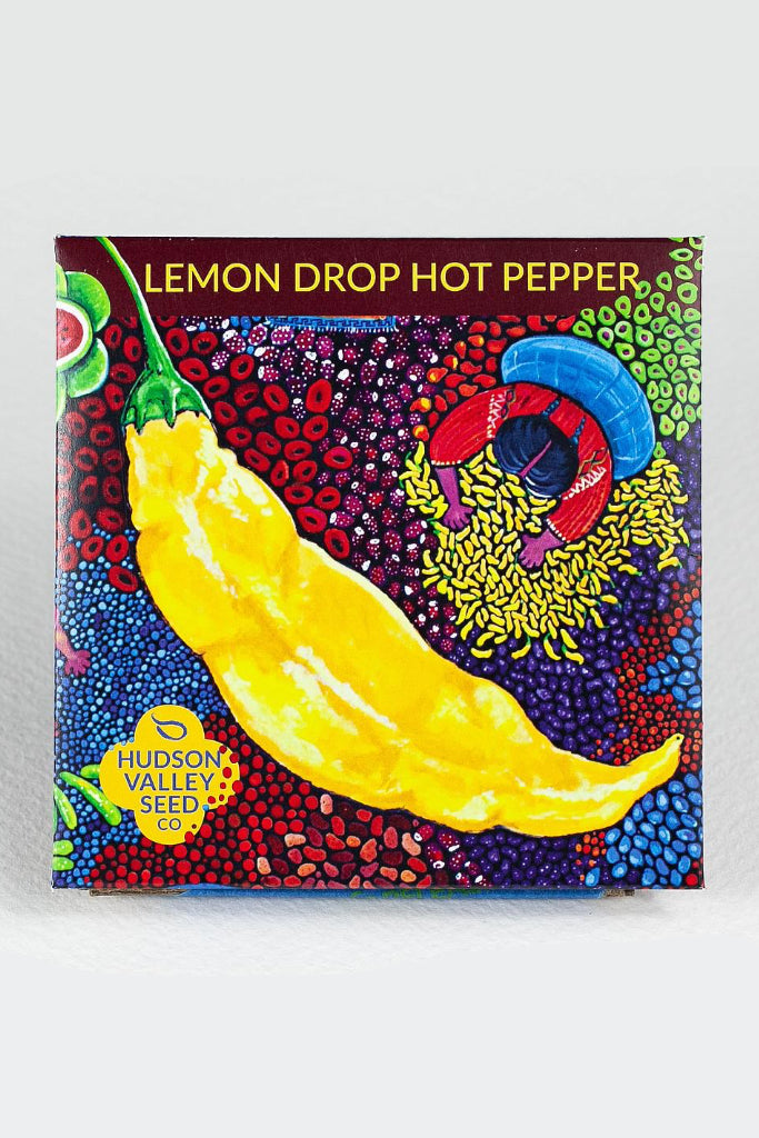 Colorful packaging of Hudson Valley Seed Co. Lemon Drop Hot Pepper seeds with a vibrant design. ©Hudson Valley Seed Co.