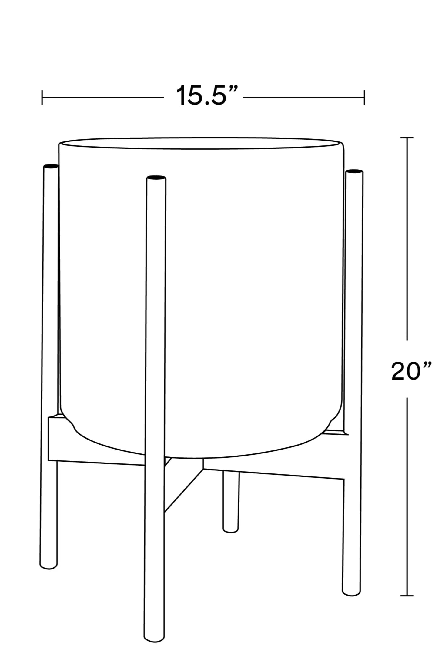 black and white drawing of measurements of the LBE Design the 12 Cylinder pot with stand