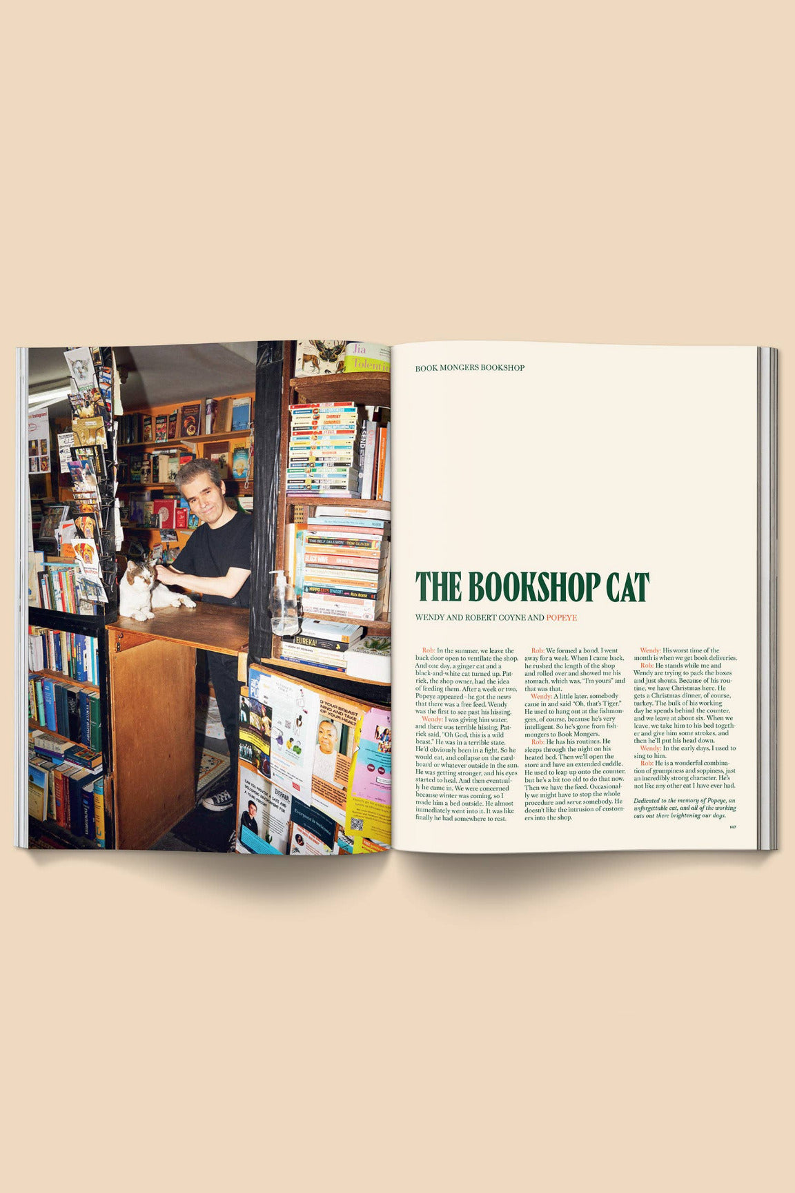 Open Catnip Magazine Volume 2 with a photo of a person in a bookshop and text on a beige background ©Broccoli