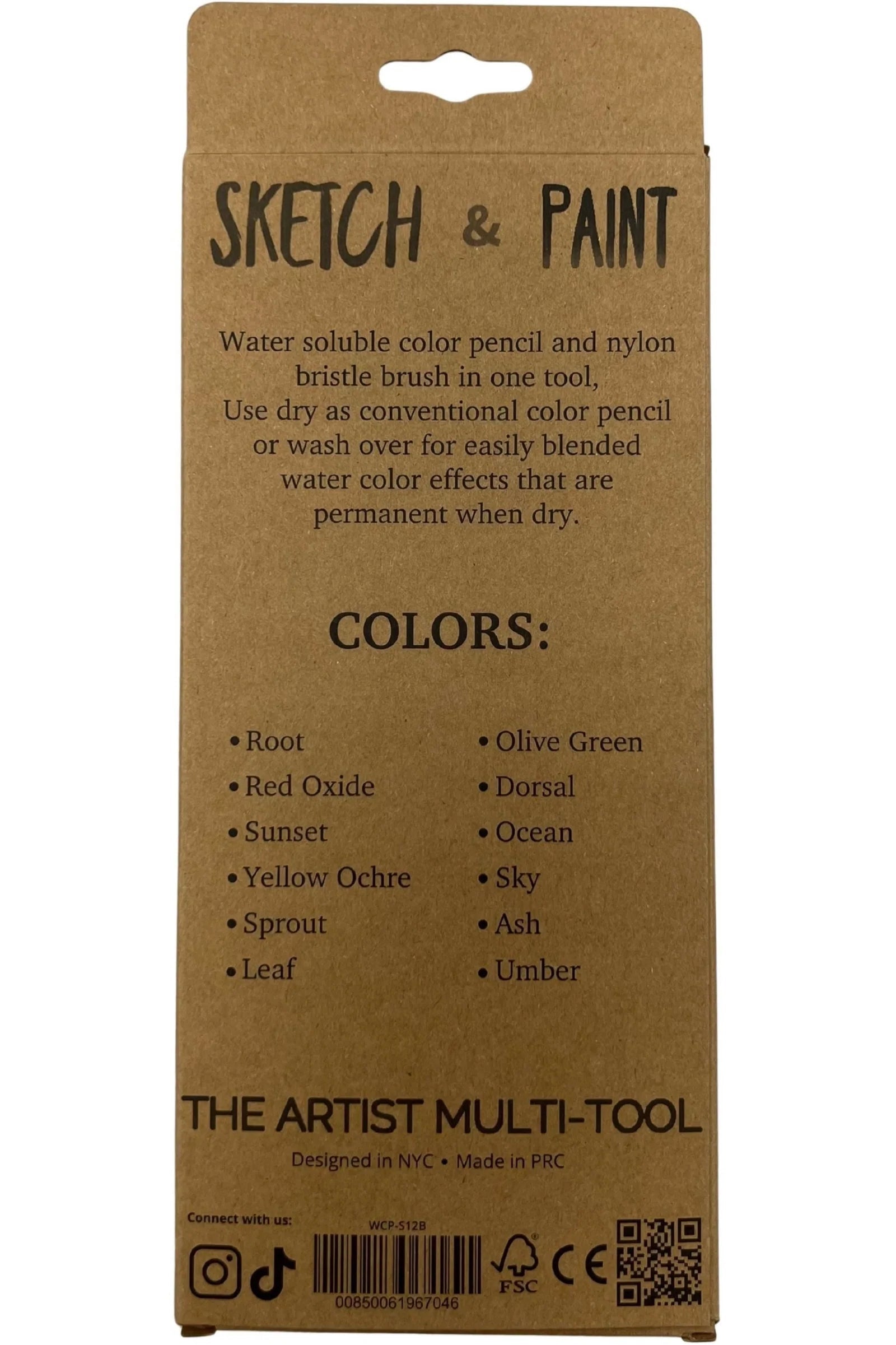 Cardboard packaging for 'Sketch & Paint' artist multi-tool with color options listed. ©Mannahatta Pencil Co.