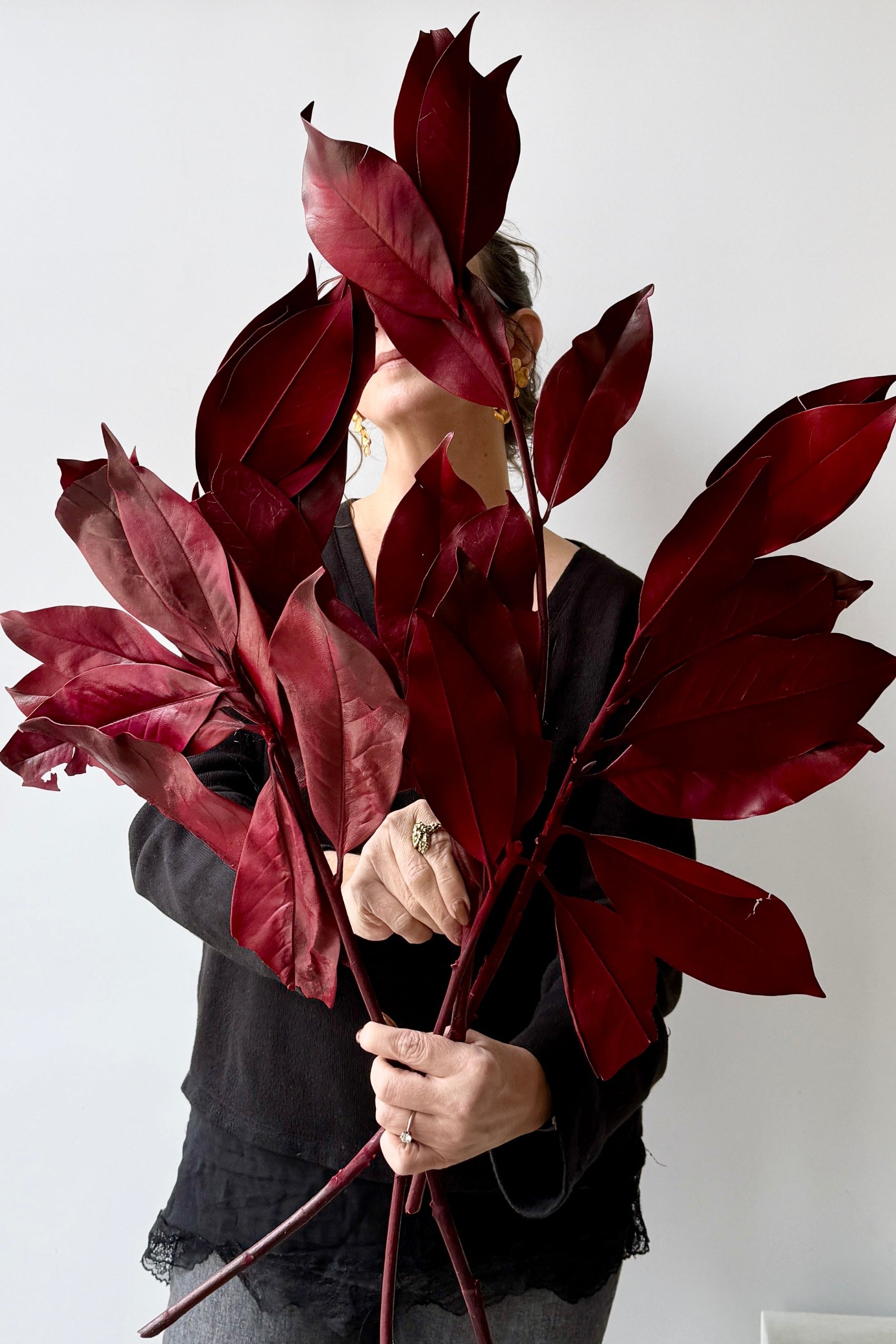 Person holding a large red bunch of preserved red Magnolia against a white background ©Sprout Home