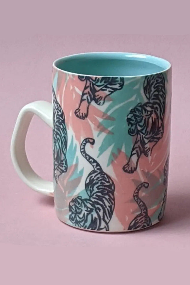 Mug with tiger pattern on a pink background called Tiger Print Mug ©City in Bloom Ceramics