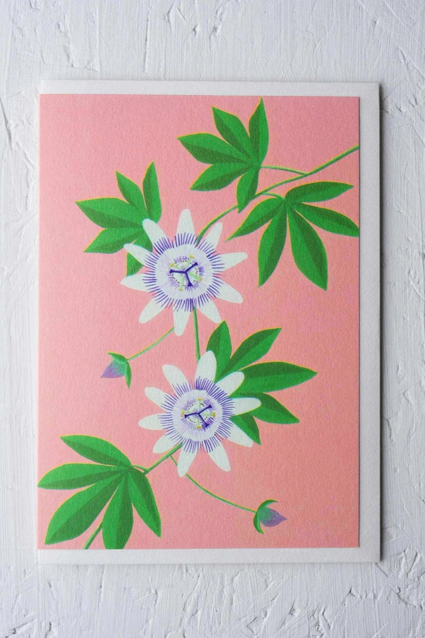 Passion Flower Greeting card by Stengun Drawings viewed from the front with white and purple passion flowers. 