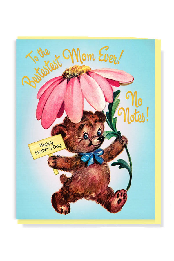 Mother's Day card with a teddy bear holding a pink flower and 'Happy Mother's Day' text on a blue background. ©Smitten Kitten