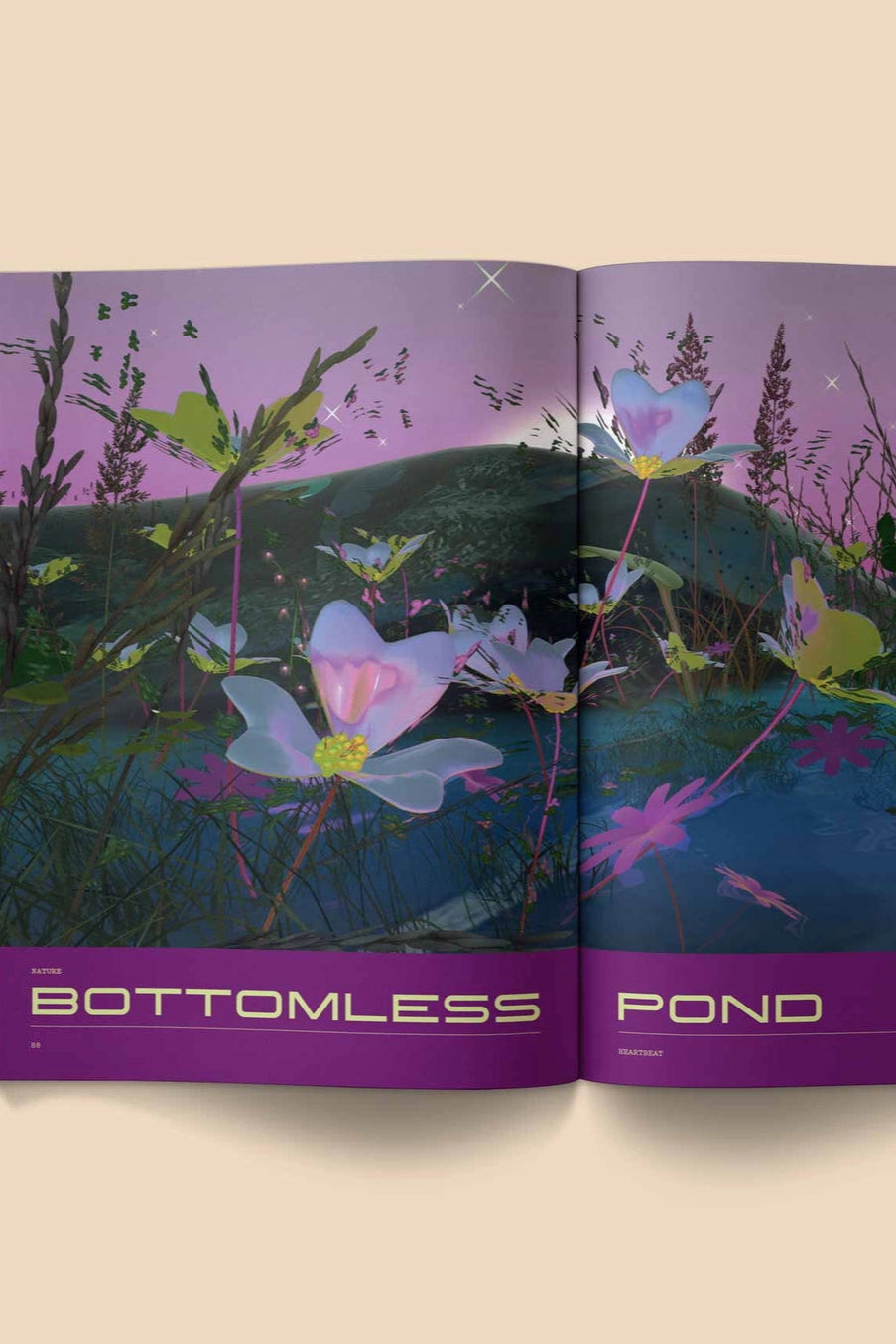 Heartbeat Magazine: Music, Sound, Emotion Open book with colorful illustration of a pond and flowers on a beige background ©Broccoli
