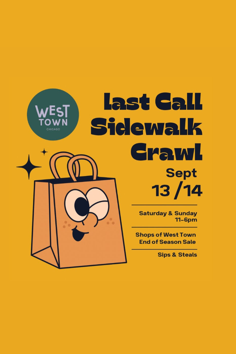 Promotional poster for "Last Call Sidewalk Crawl" on a yellow background ©Sprout Home 