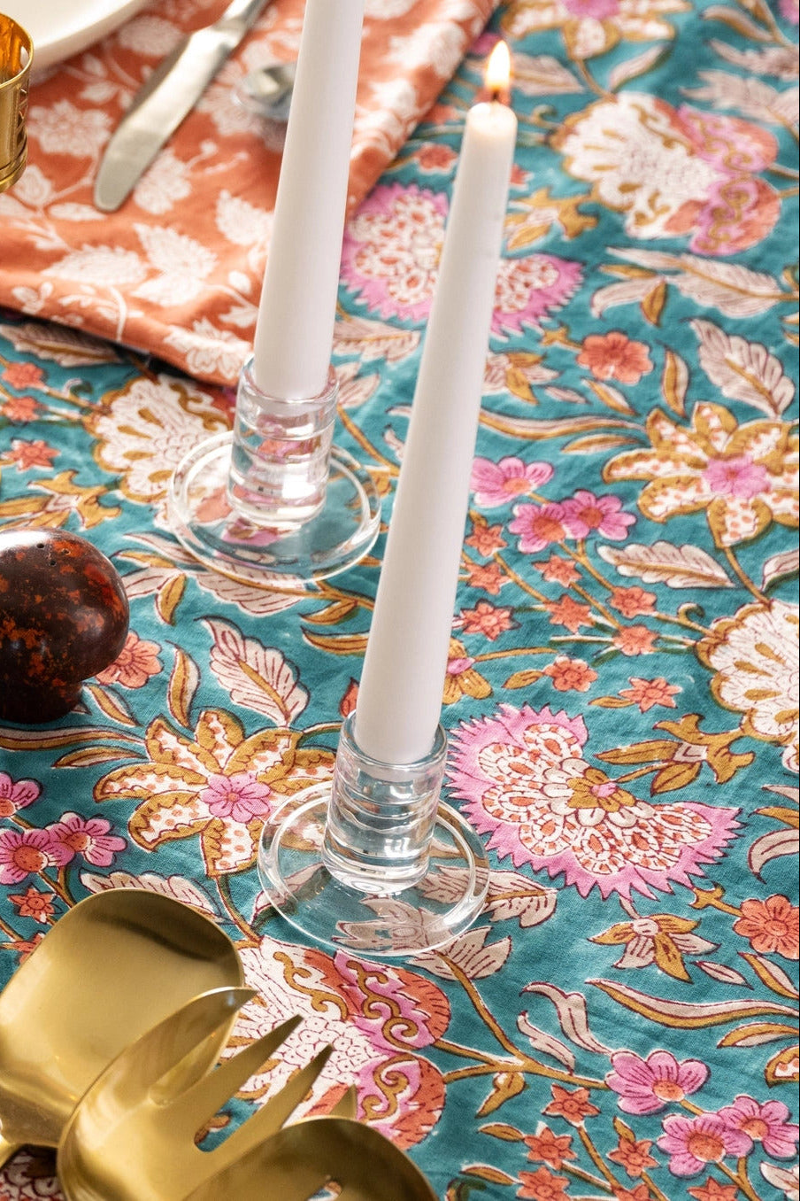 Decorative table setting with candles and cutlery on a Stabaka Block Print Tablecloth 90 x 60 ©Ten Thousand Villages