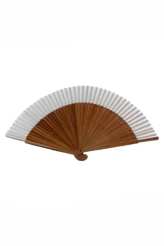 A Silk Folding Fan Light Beige w/ Brown Bamboowith a warm brown bamboo frame and white paper ribs, shown fully opened against a plain white background. ©World Treasure Trading 