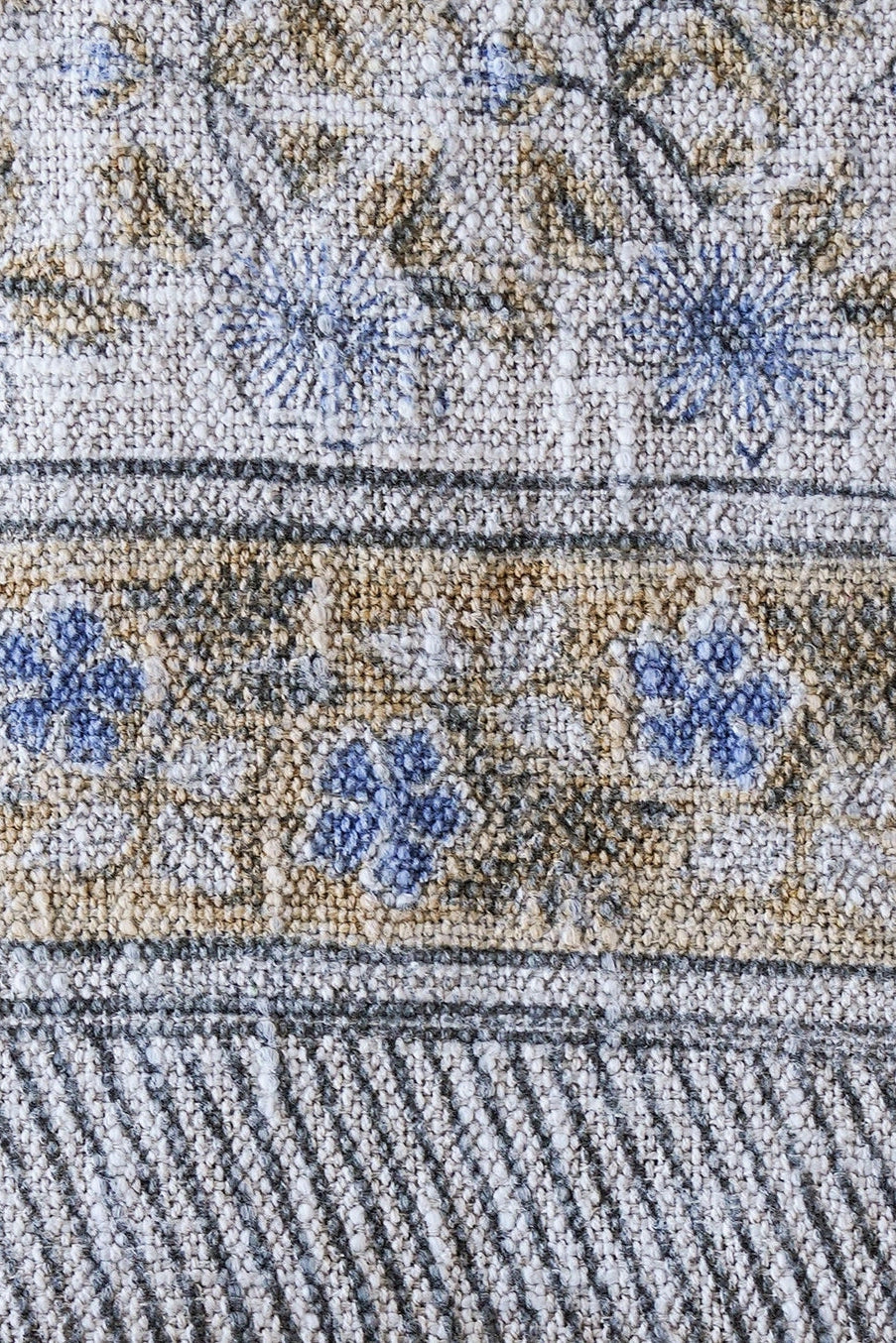 Close-up of a textured fabric with floral patterns in blue, brown, and beige. ©Blue Ocean Traders