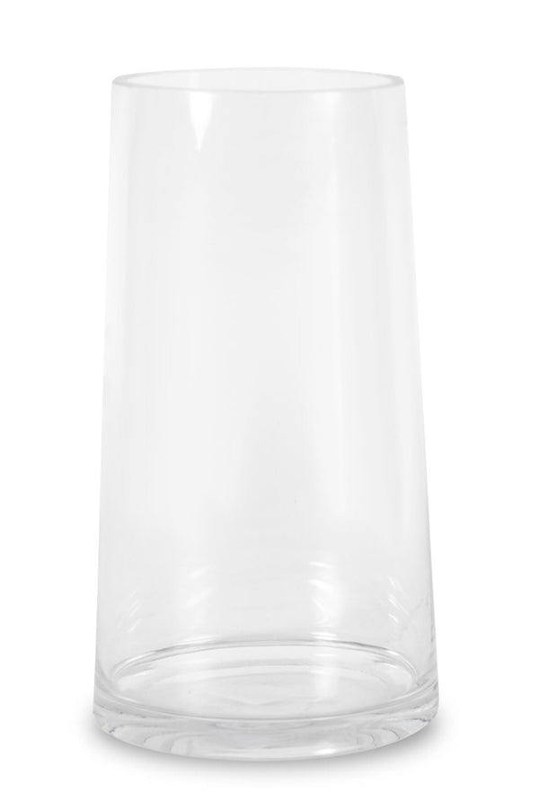 The tapered round reverse 10 x 5 clear glass vase empty and on a white. 