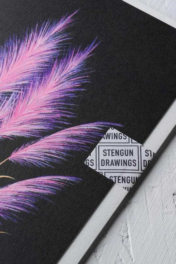 Pink Pampas greeting card by Stengun Drawings detail corner showing the fine pampas blades on black. 