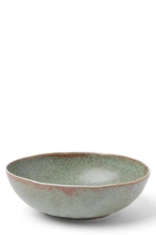 Small Terra Green bowl shown from the side top with its beautiful green and brown glaze against a white background. 