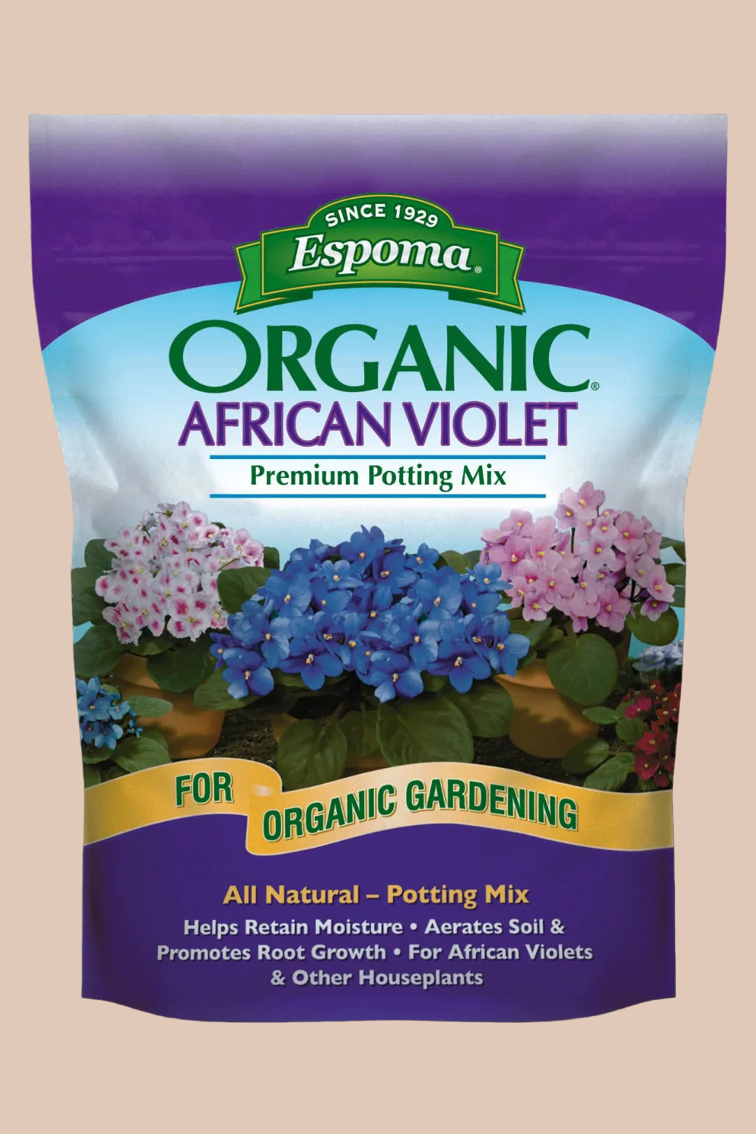 Espoma Organic African Violet potting mix packaging with purple and green design. ©Espoma
