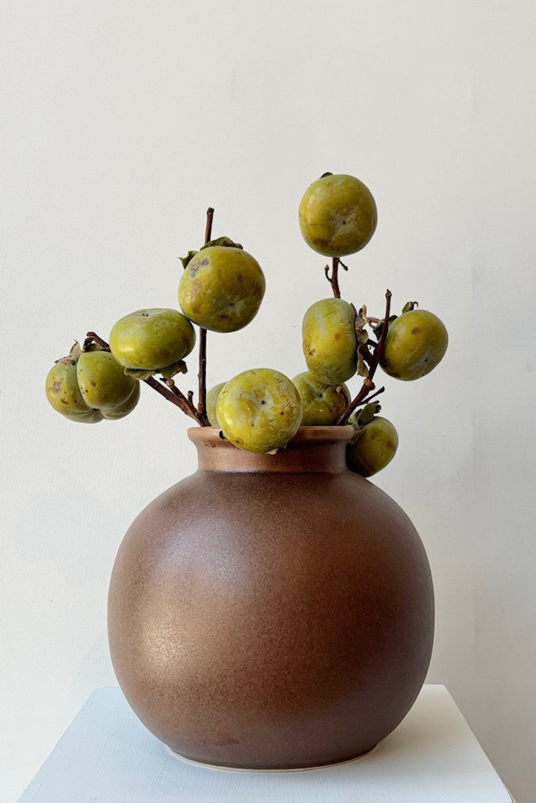 Brown Round Vase with floral styling viewed from the side on a gray background ©Sprout Home