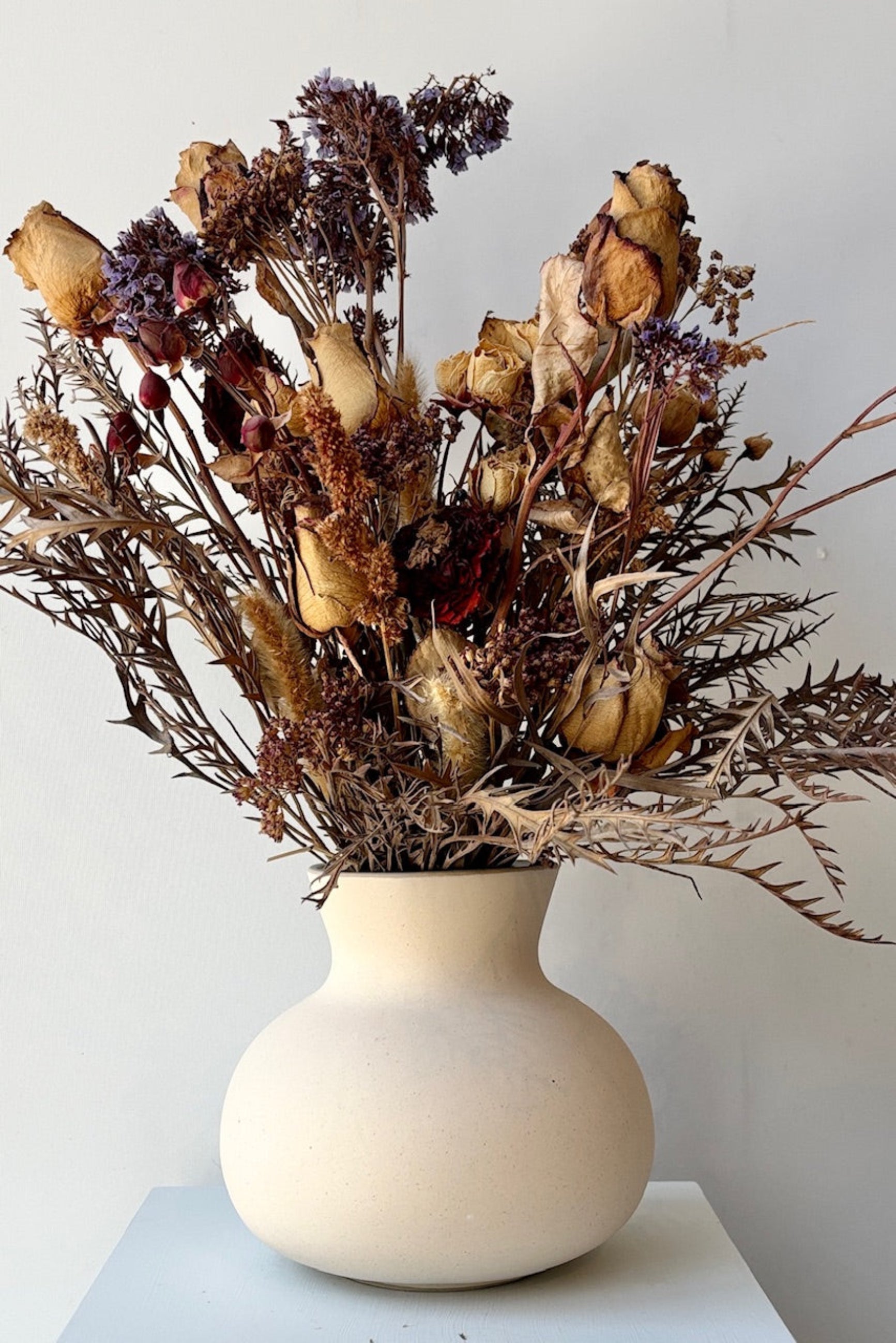 White vase with dried flowers on a light gray background ©Sprout Home