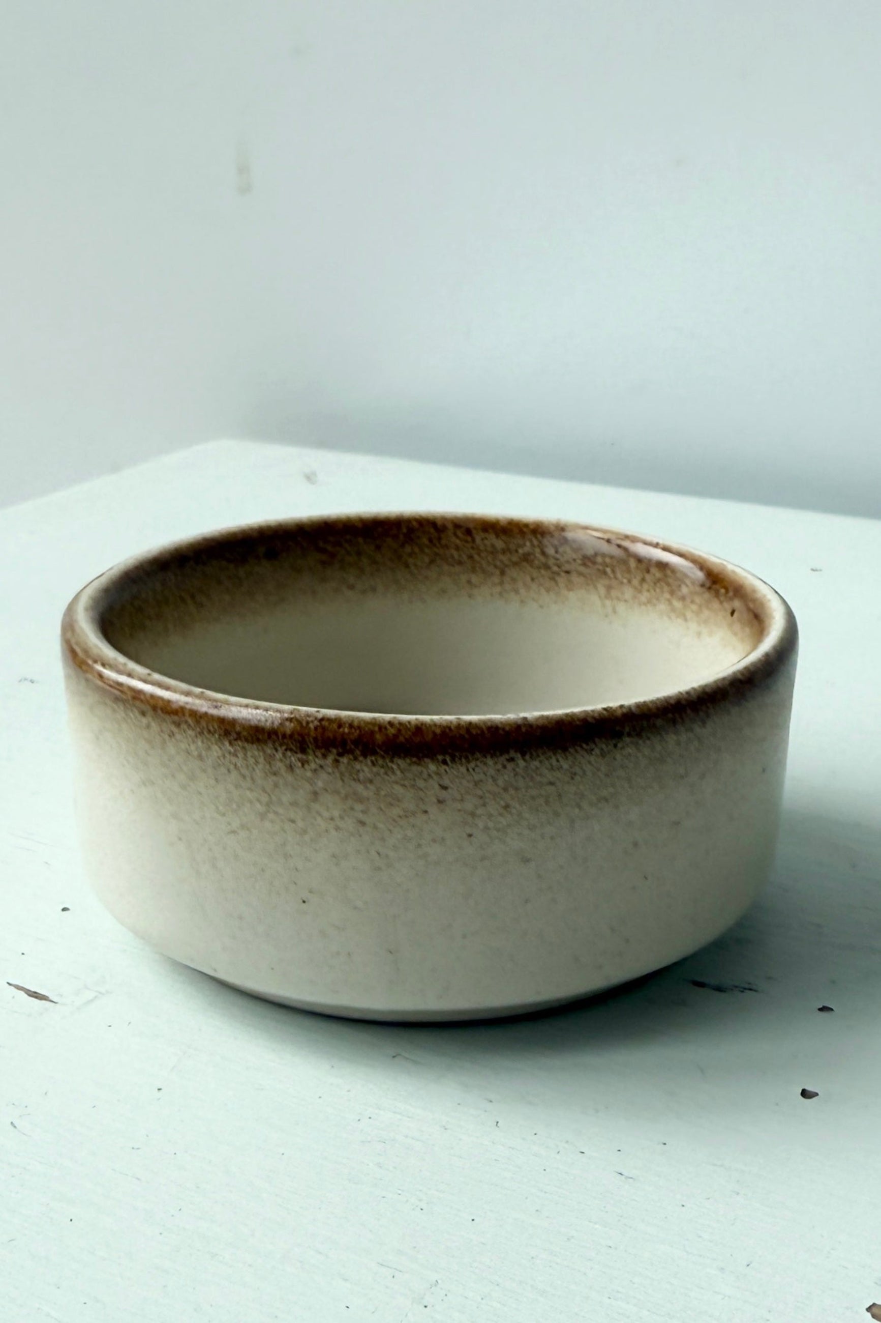 Ceramic bowl with brown rim on a white surface ©Sprout Home
