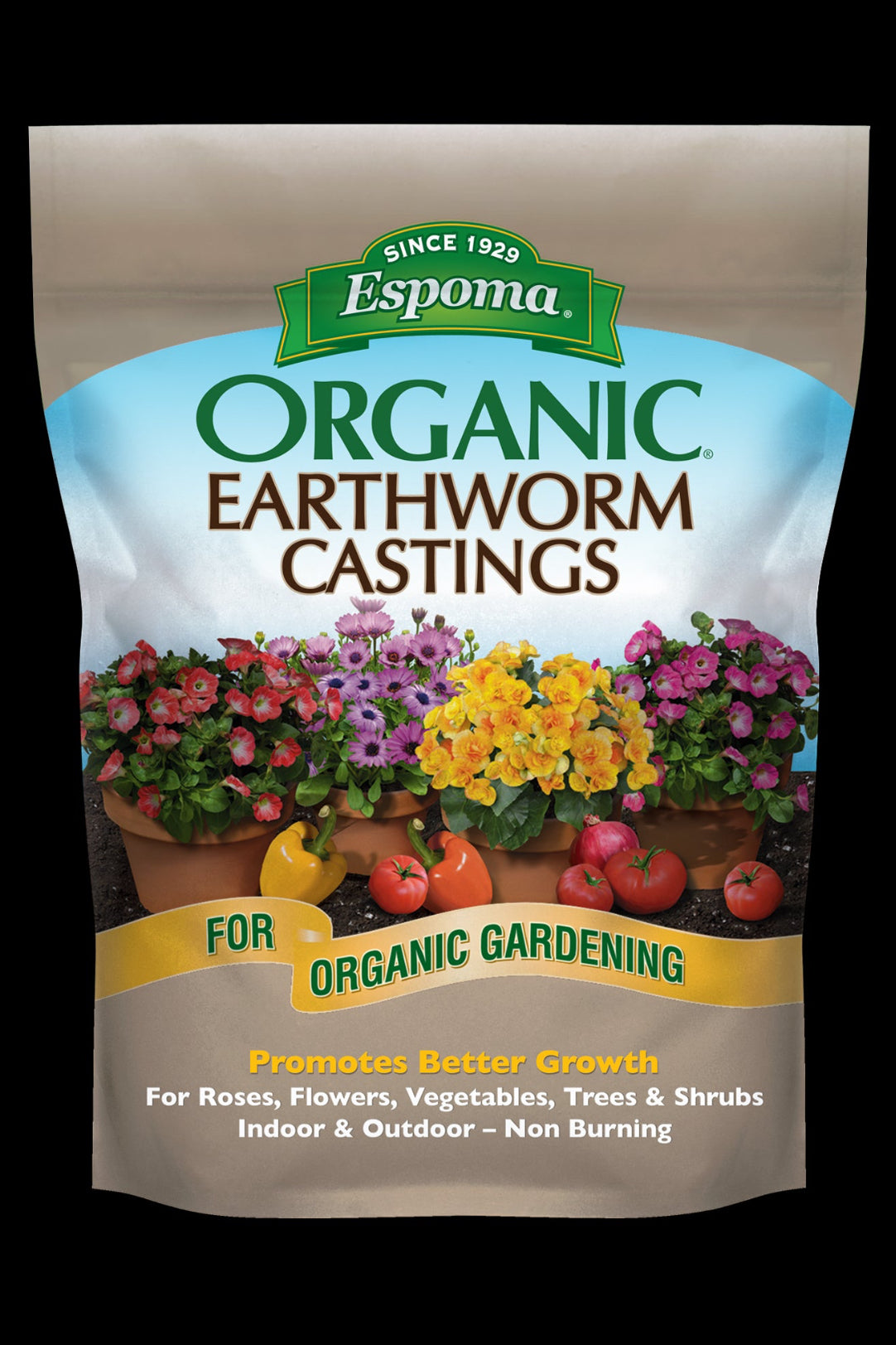 Bag of Espoma Organic Earthworm Castings with gardening benefits on a beige background ©Epsom