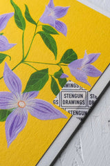 Sugar sweet Clematis card by Stengun Drawings with close up detail of the purple flowers in the upper right corner.