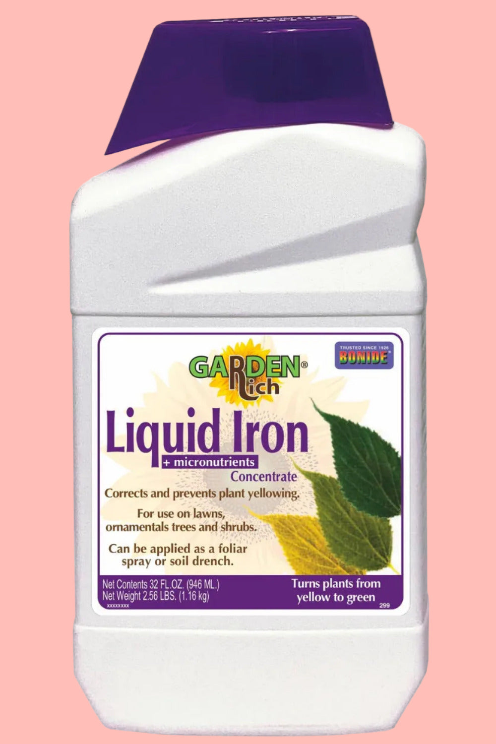A white plastic bottle of Garden-Itch Liquid Iron micronutrient concentrate with a purple cap and a white, purple, and yellow label, shown on a plain white background. ©Bonide