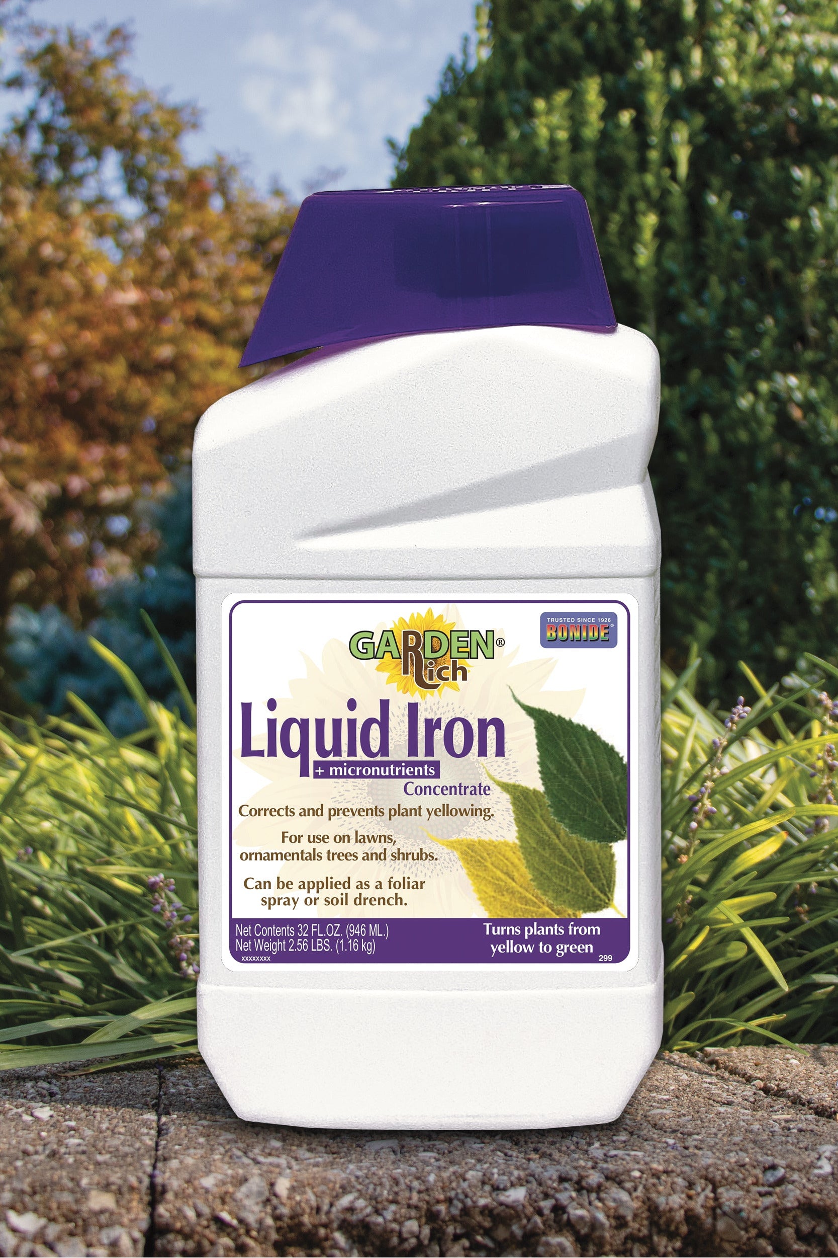 A white plastic bottle of Garden-It Liquid Iron Concentrate with a purple cap, placed on a stone surface with a blurred garden background. ©Bonide