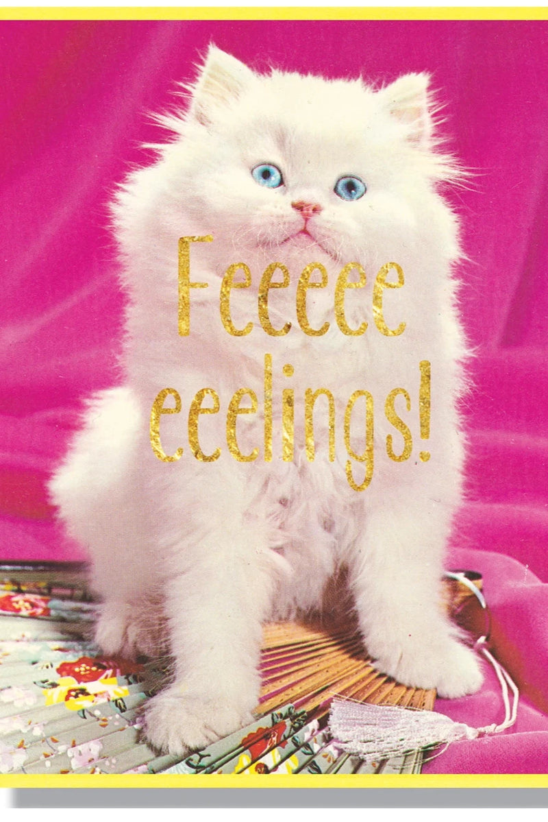 Feeeeeeeelings! card by Smitten Kitten. White cat on a pink background