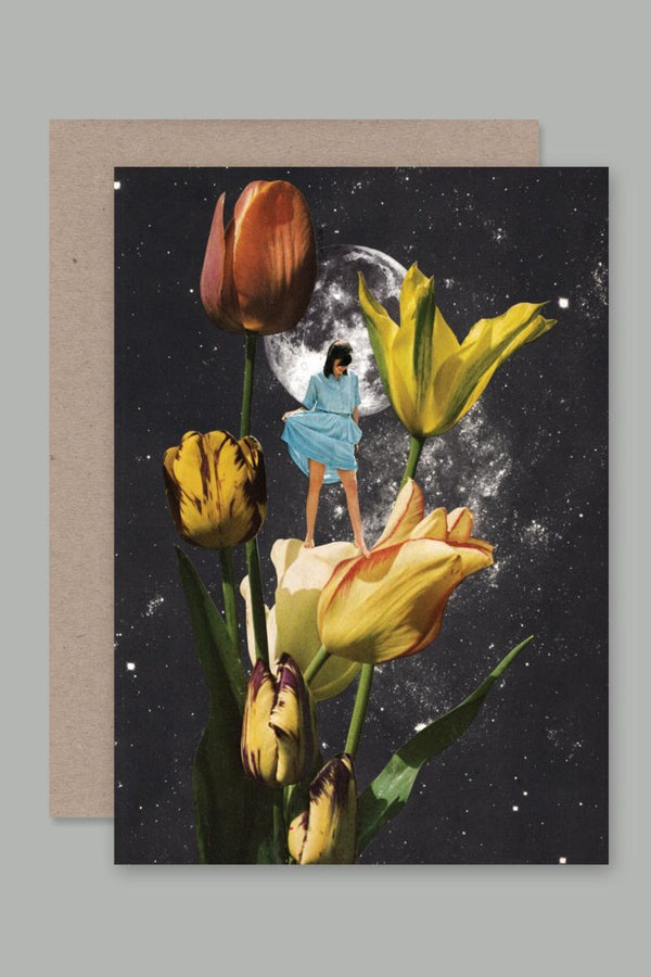 Garden of Eden card by AHD paper o showing the women walking on tulips on a black sky