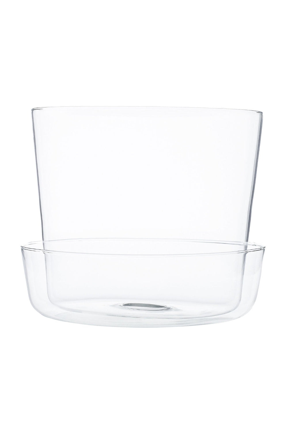 Clear glass planter with saucer on a white background ©Accent Decor