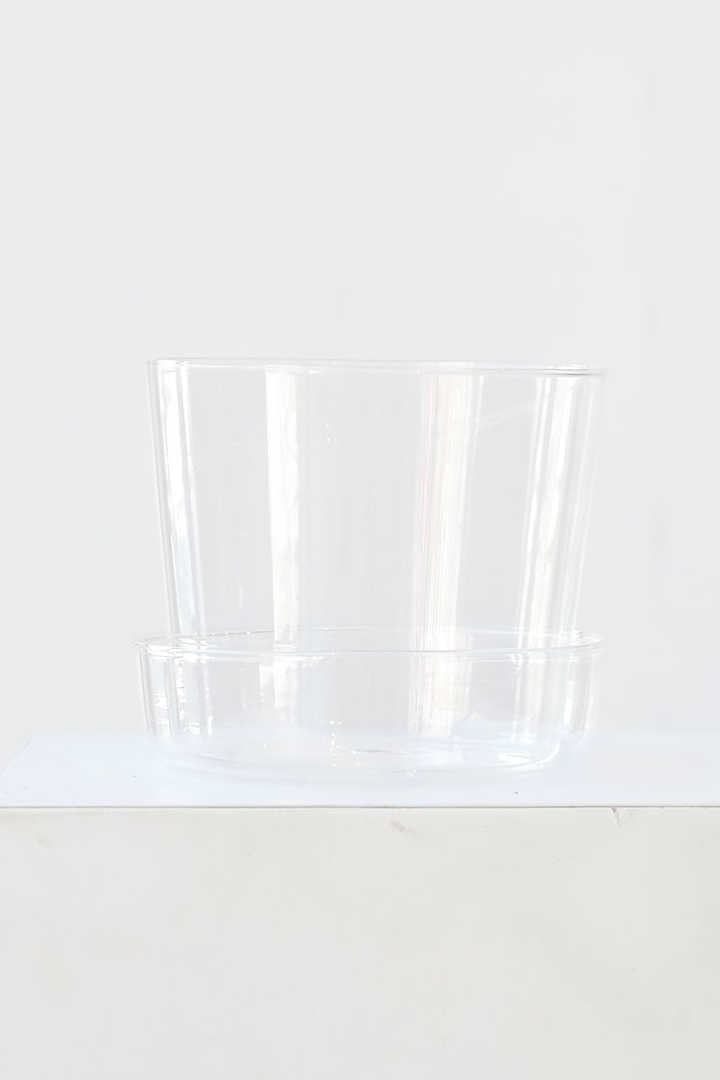 Glass planter against a white background