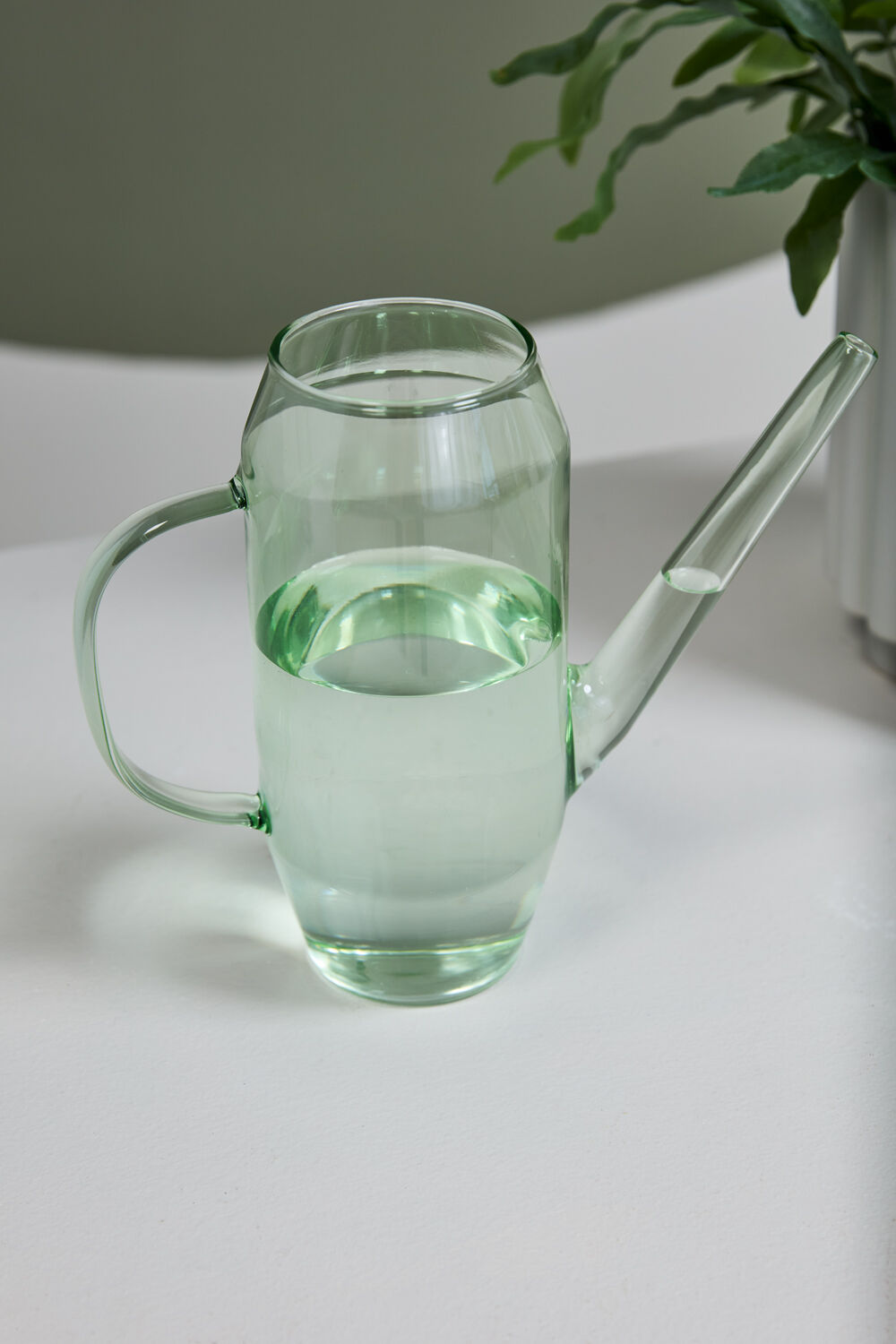 Clear glass Foray watering can on a white surface with a plant in the background ©Accent Decor
