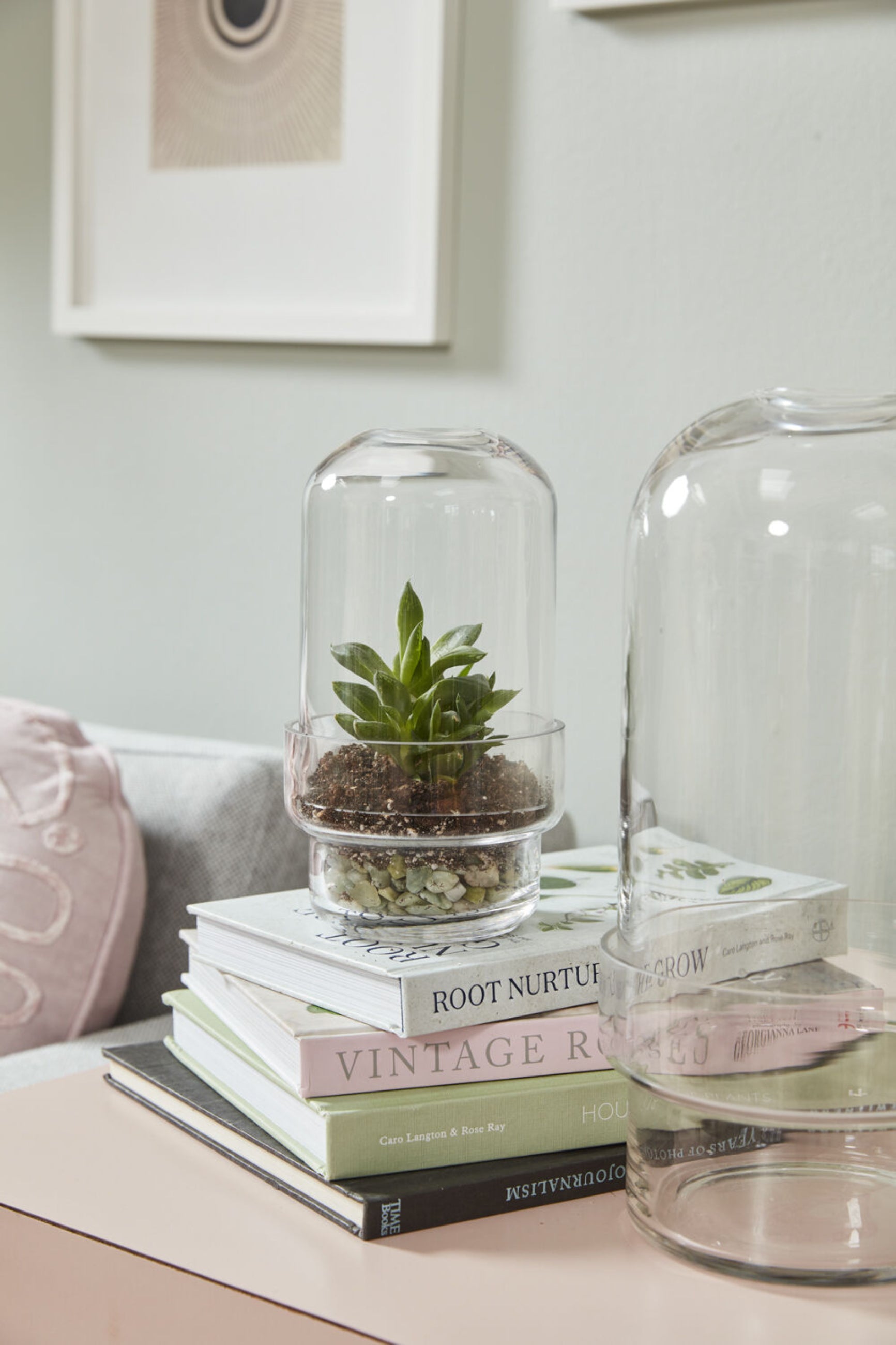 Two different sizes with the smaller one planted. In a room on a side table sitting on a stack of books. 