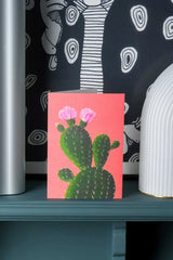 Cactus on Orange card by Stengun Drawings on a shelf against white and black wall paper.