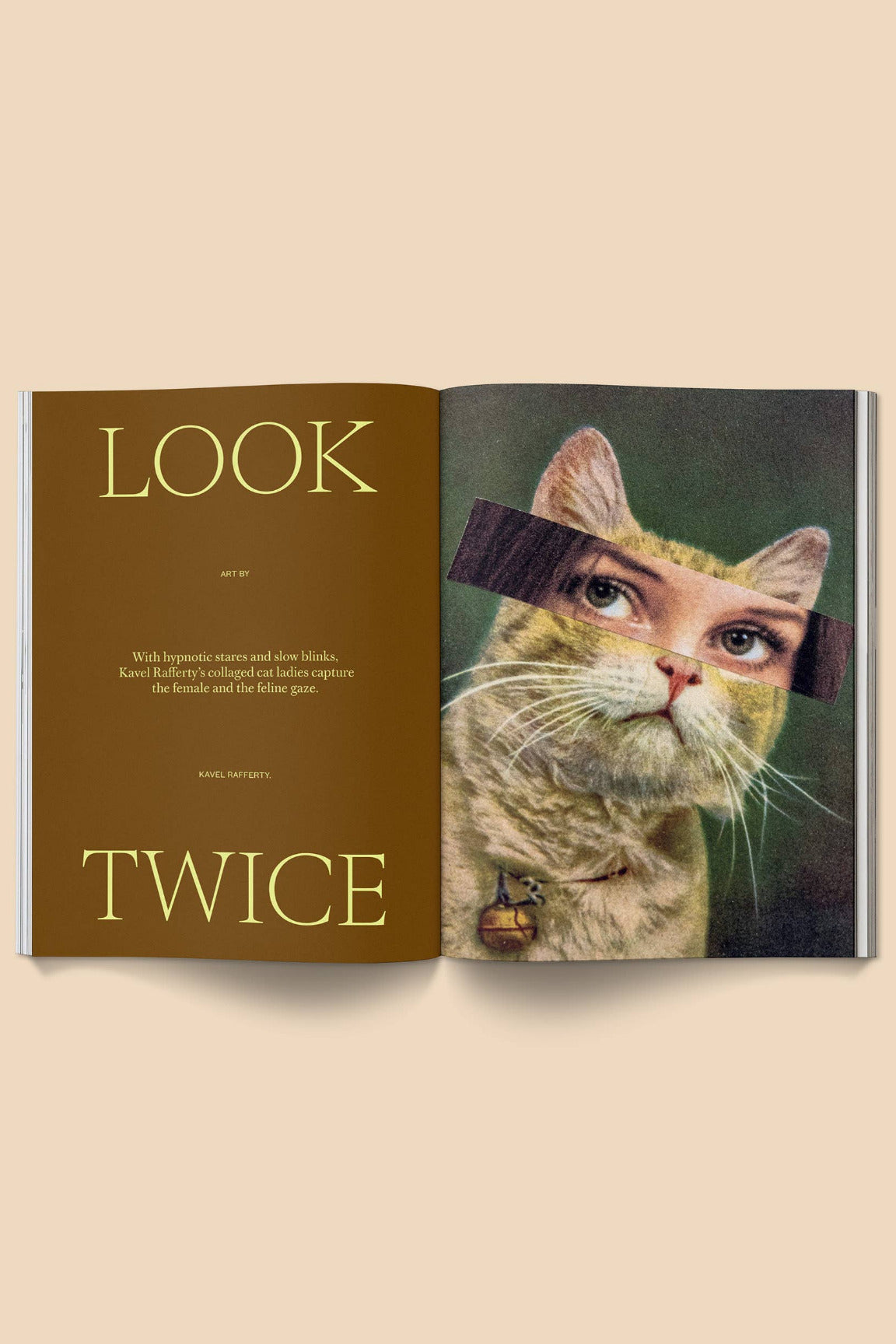 Open Catnip Magazine Volume 2 with a cat's face and text on a beige background ©Broccoli