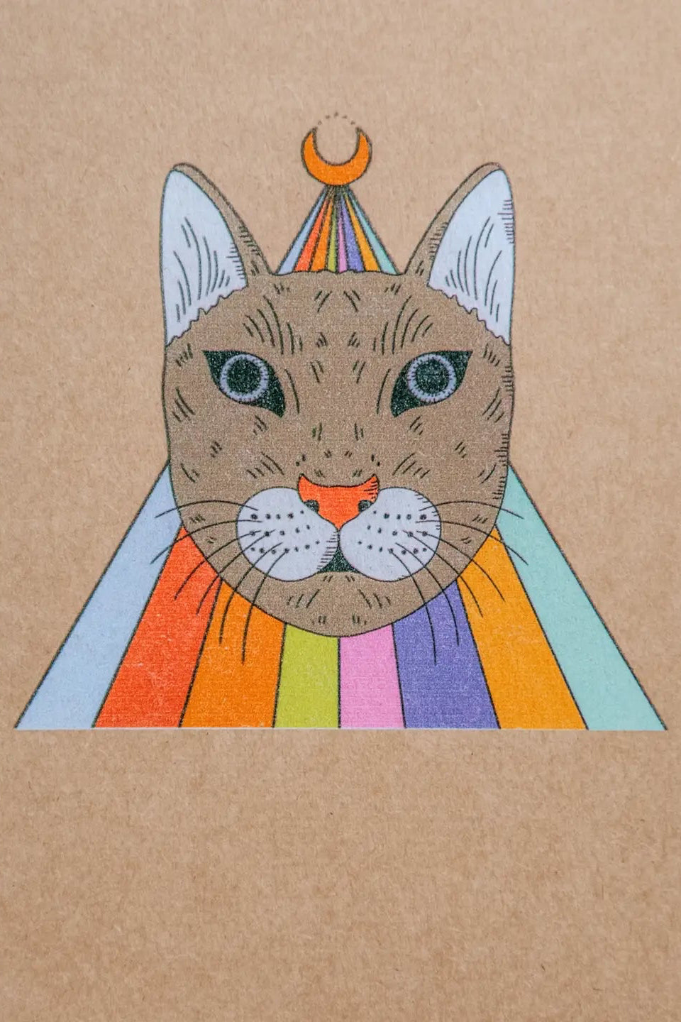 Magic Cat a5 Journal Sketchbook with a colorful cat illustration on a wooden surface ©Glum Lot Press