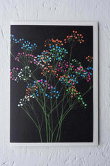 Rainbow Gypsophila greeting card by Stengun Drawings with its rainbow stems on black. 