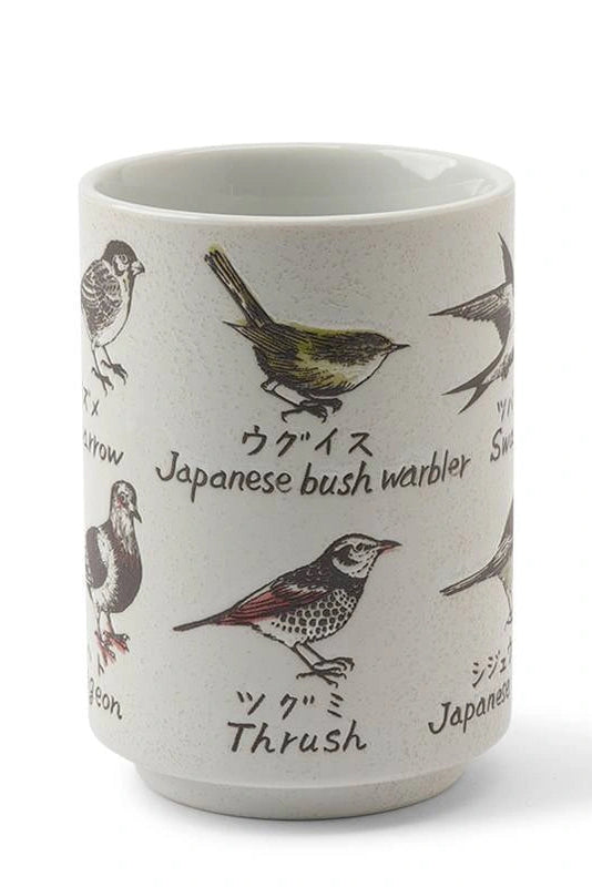 Ceramic mug with bird illustrations and names on a white background ©Miya Company
