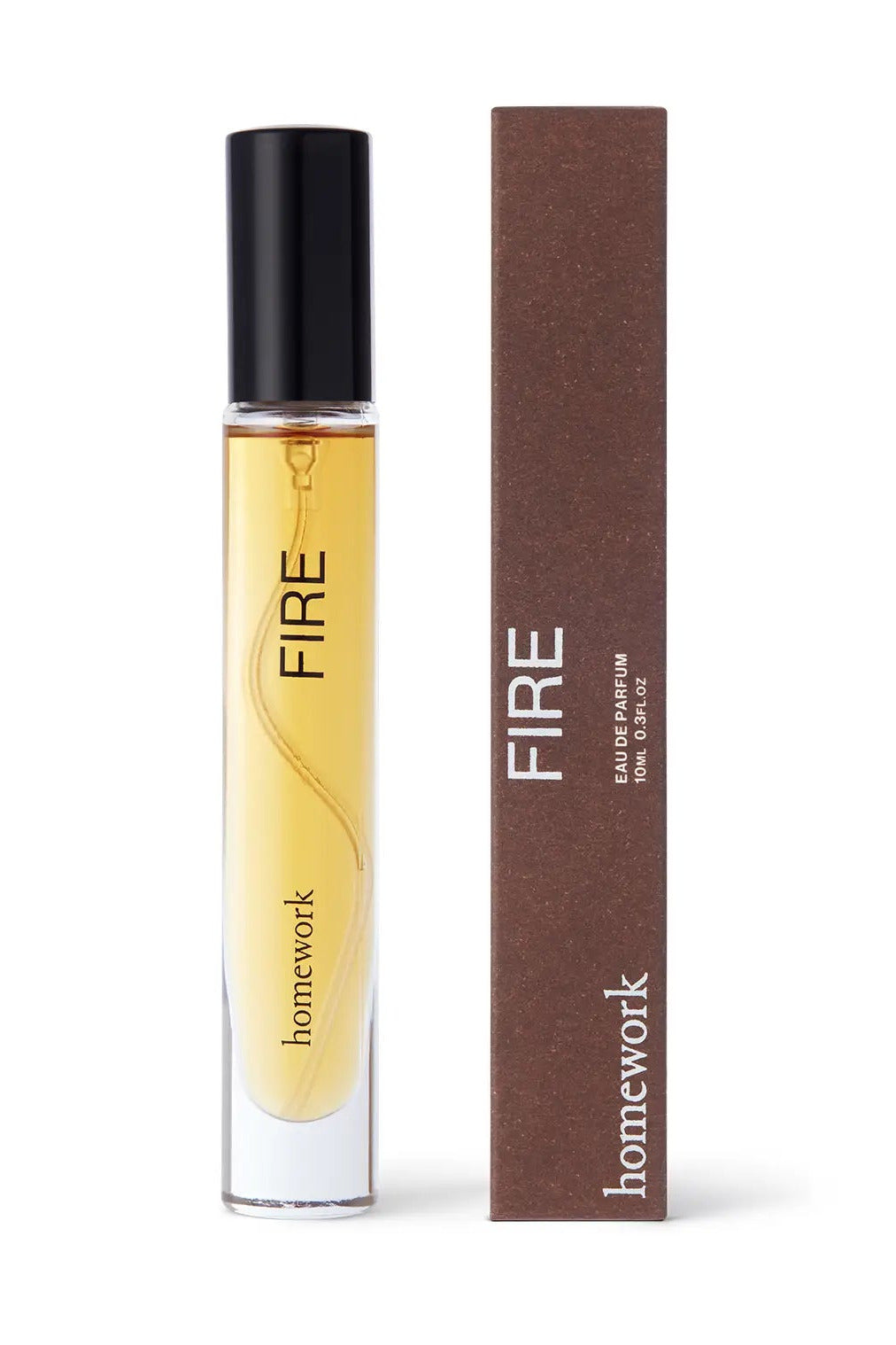 Perfume bottle labeled 'FIRE' by 'homework' with its packaging on a white background ©Homework