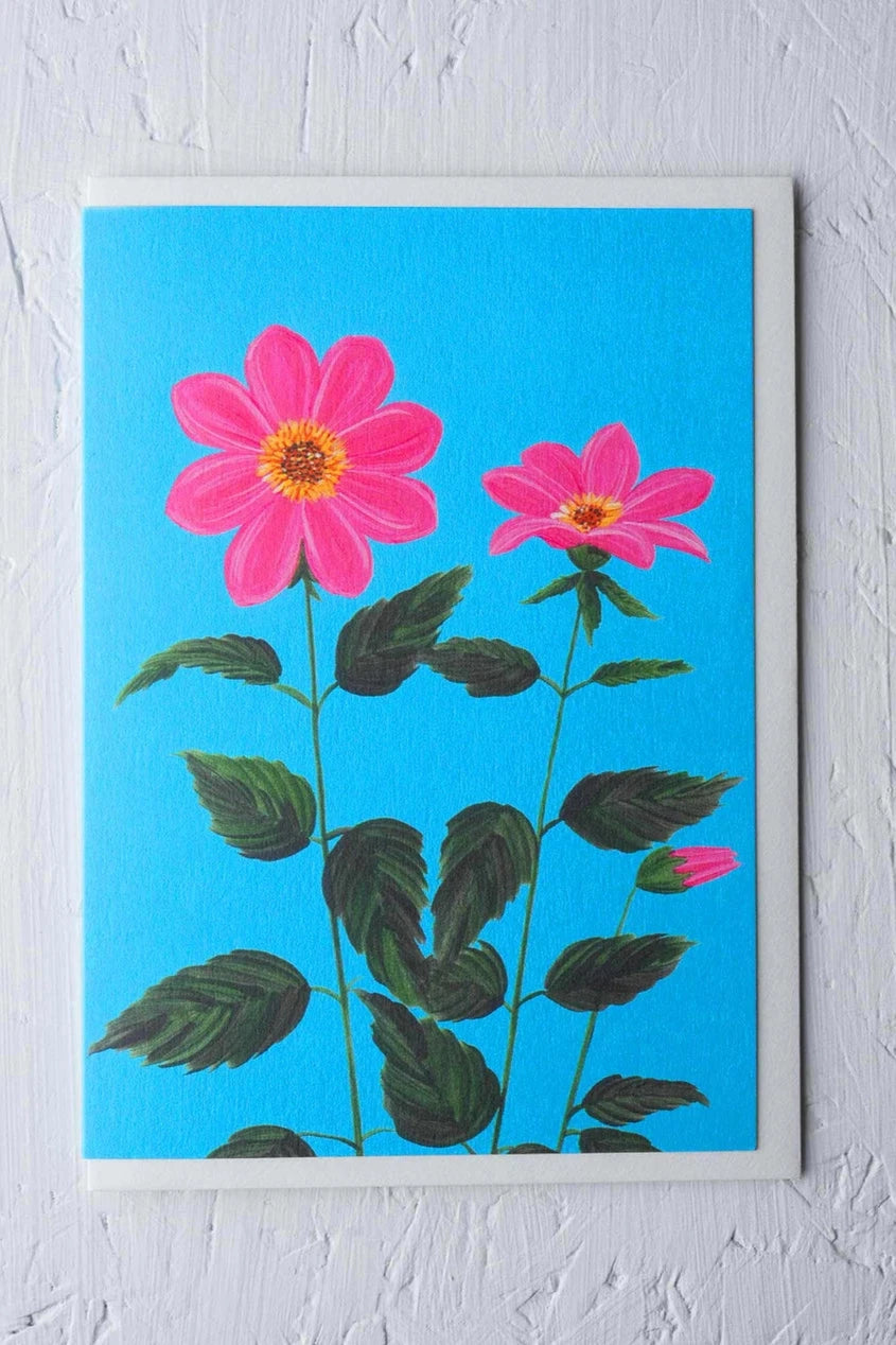 Dahlia greeting card by Stengun Drawings on a white backdrop