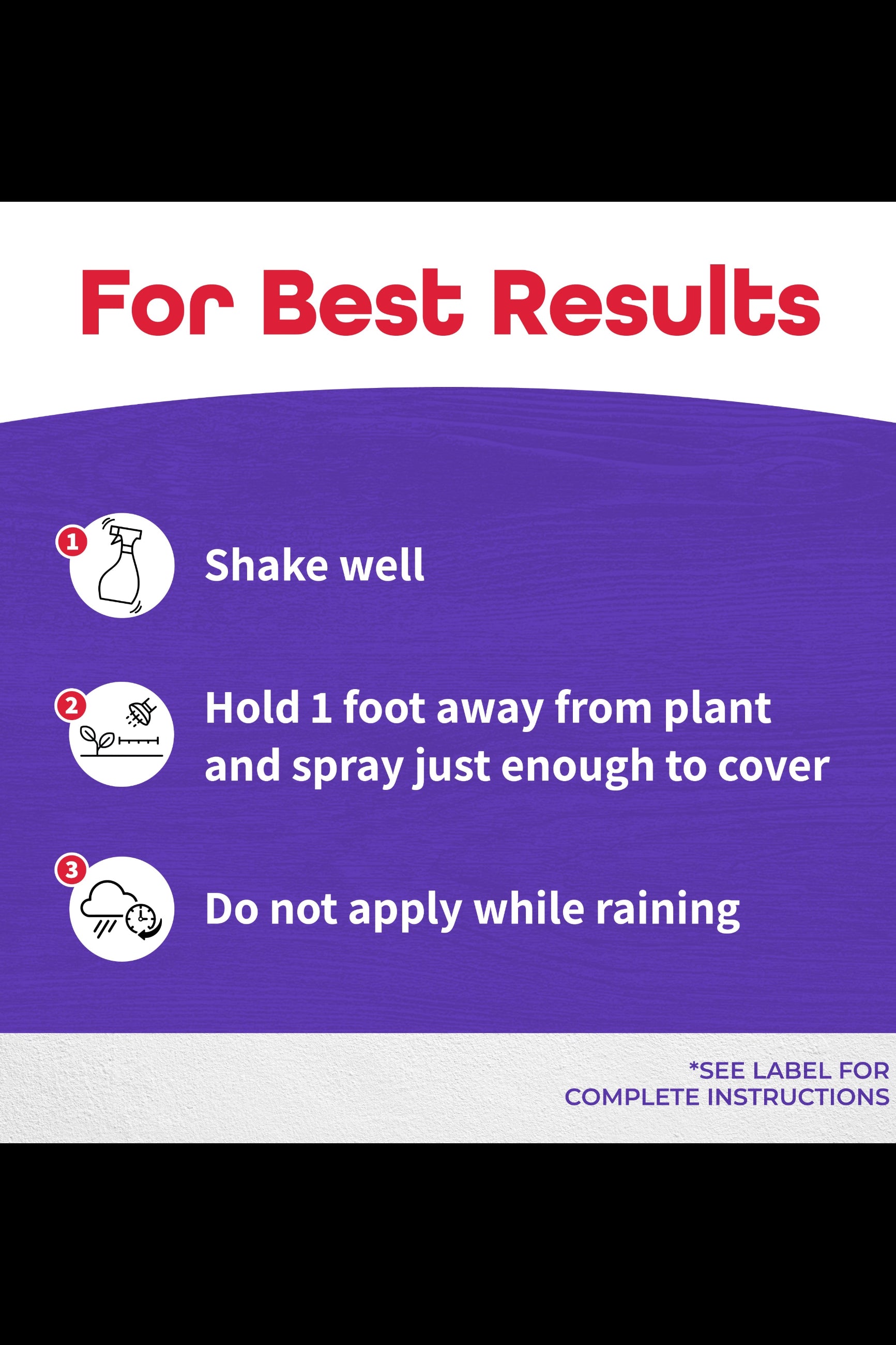 Instructions for best results on a purple background with white text and icons. ©Bonide