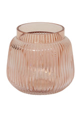 The Ravish vase up close from the side showing the pink glass ribbing. 