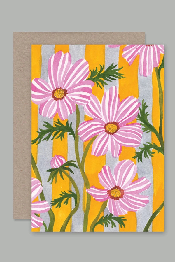 The Cosmos Striped card by AHD Paper Co with its striped pink flowers and yellow stripedbackground