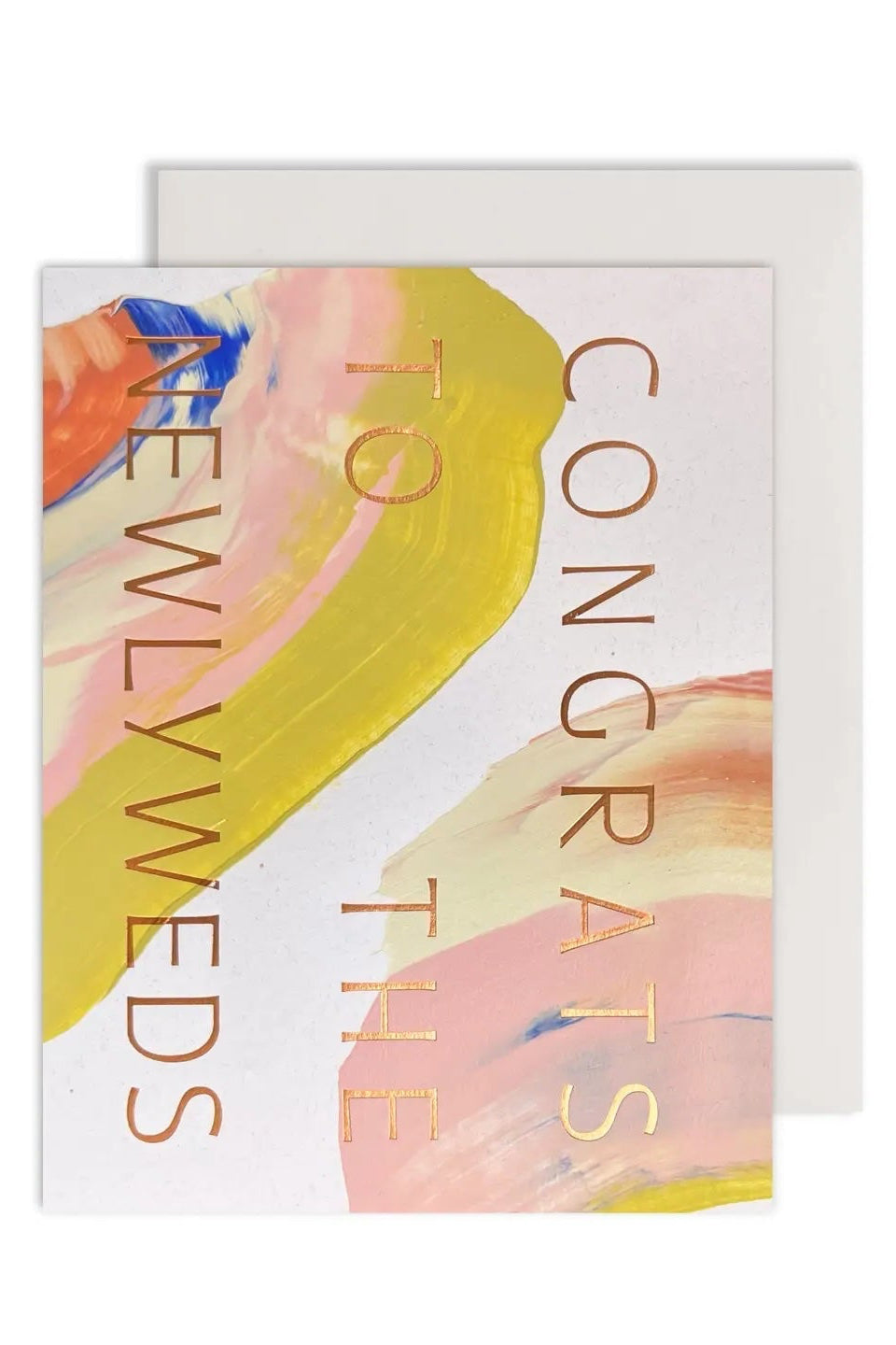 A painted card with the gold text "congrats to the newlyweds" on a white background @Moglea