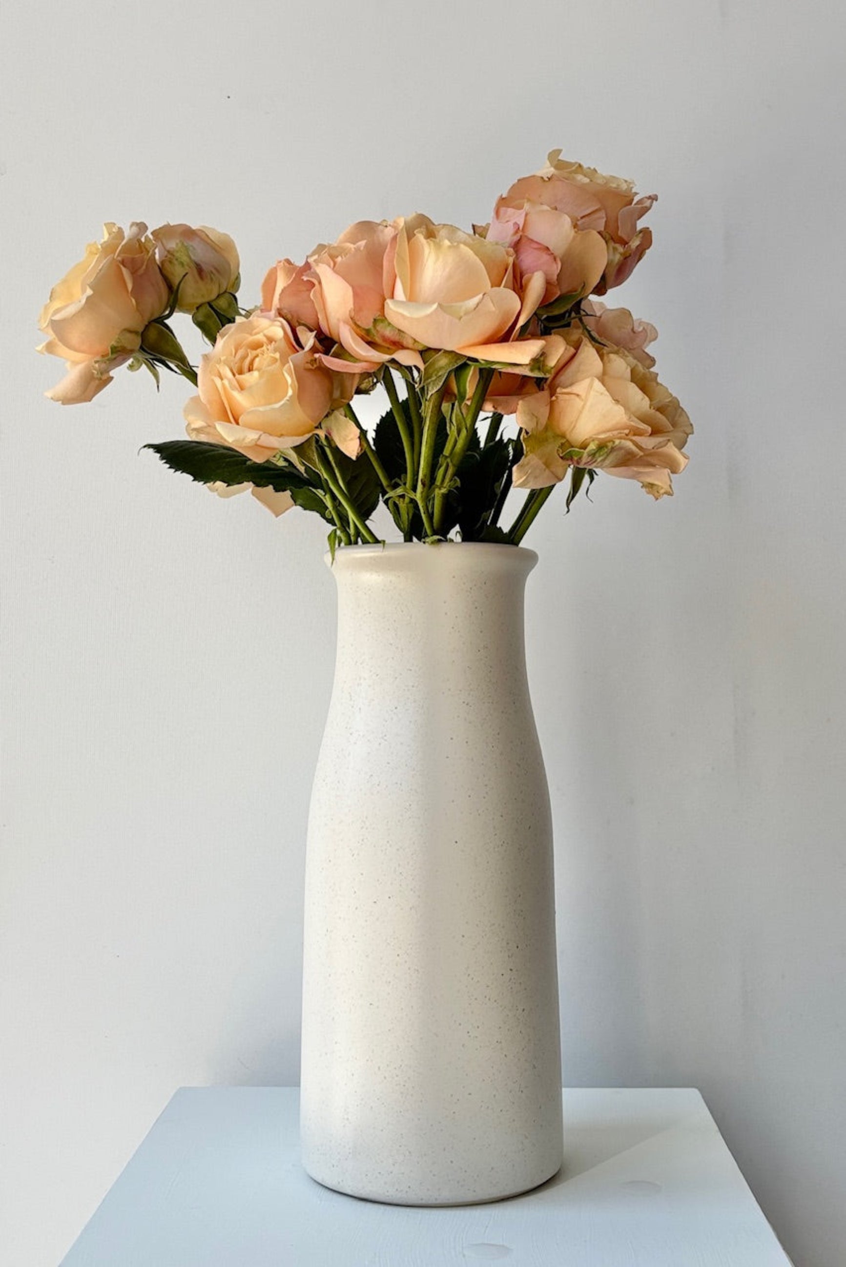 Milk Bottle flower vase with roses against a grey wall ©Sprout Home