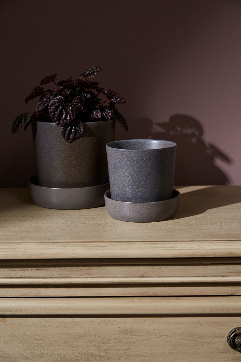 Black Watson pots with an empty one in front front center sitting on a light wood surface and dark aubergine background.