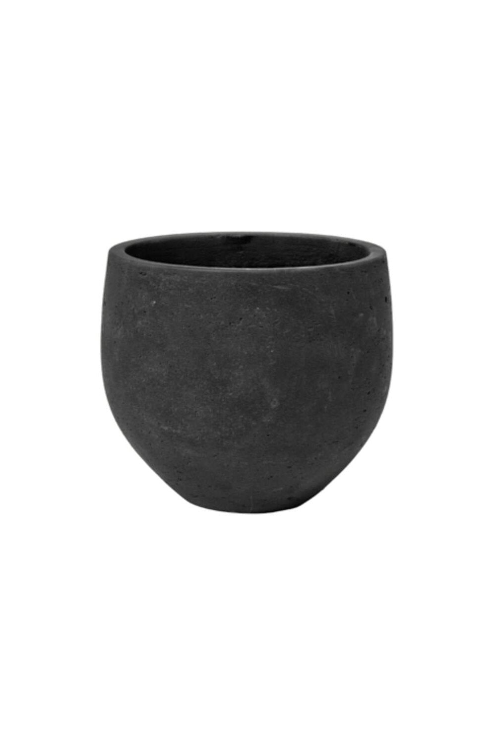 Pottery Pots Mini Orb POt Black washed against a white backdrop.