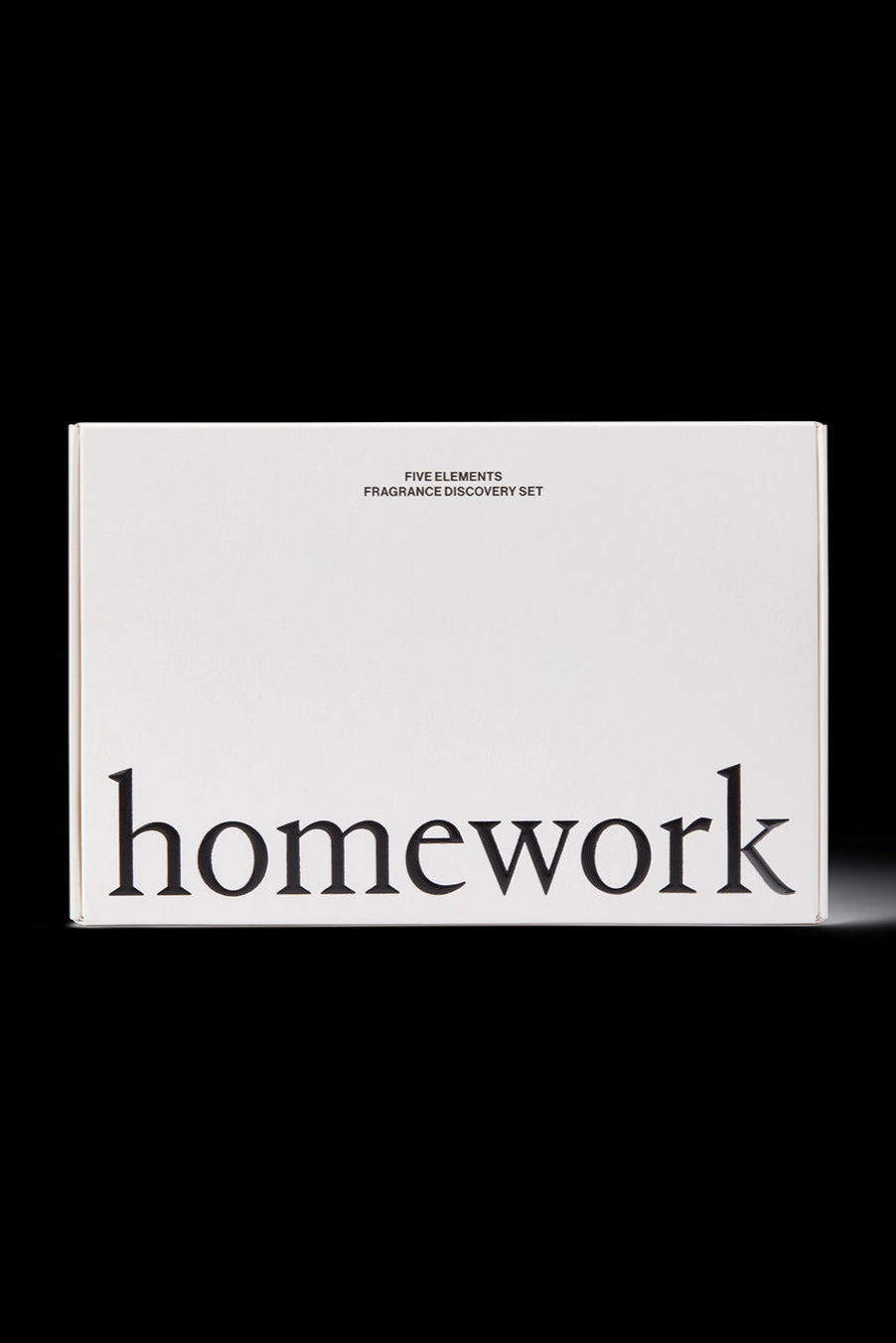 Five Elements Fragrance Discovery Set White box with 'homework' text on a black background ©Homework