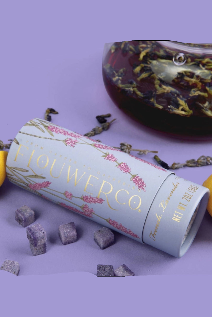 lavender cubes packaging with lavender tea and lemon on a purple background ©Flouwer Co.